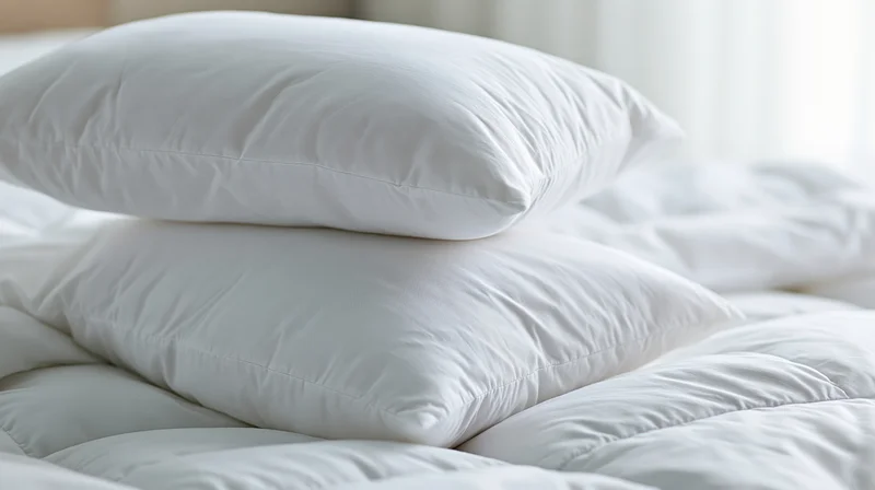 Two white pillows stacked on a bed with crumpled duvet in a bright bedroom