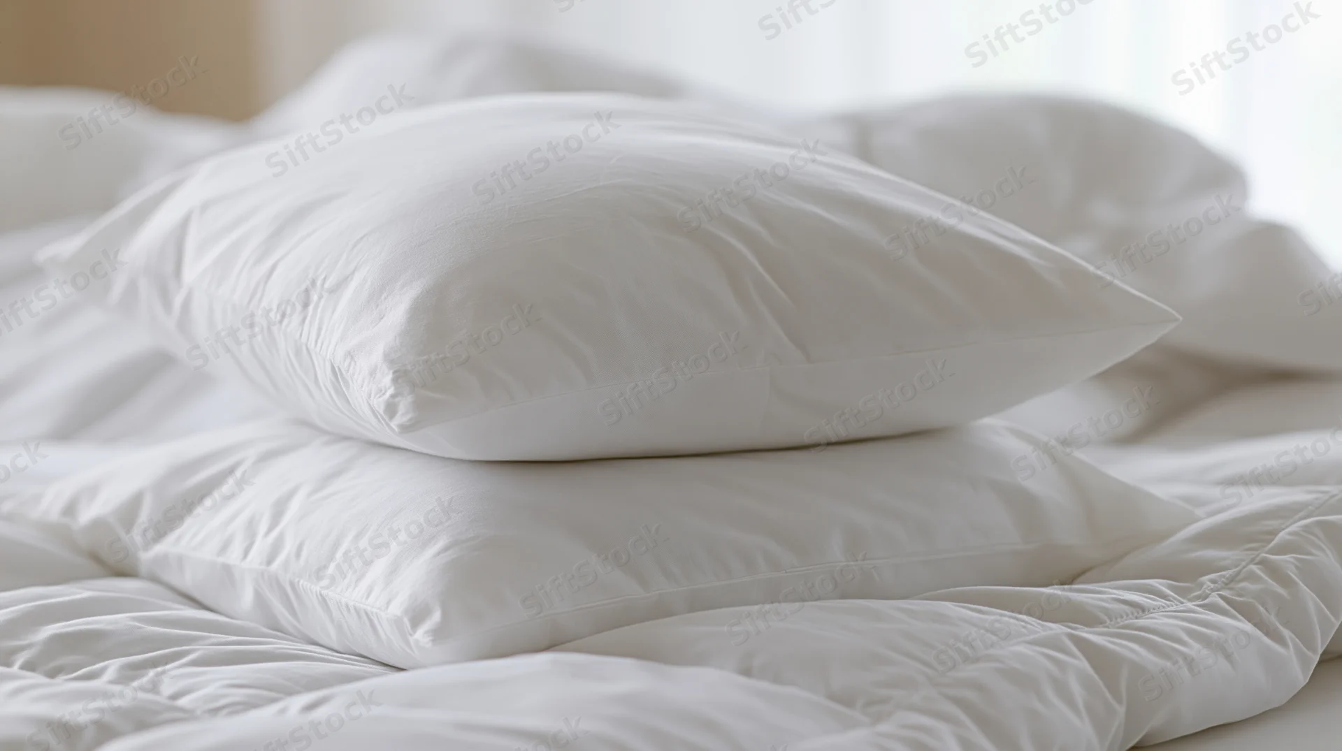 White pillows stacked on a rumpled duvet in a bright bedroom
