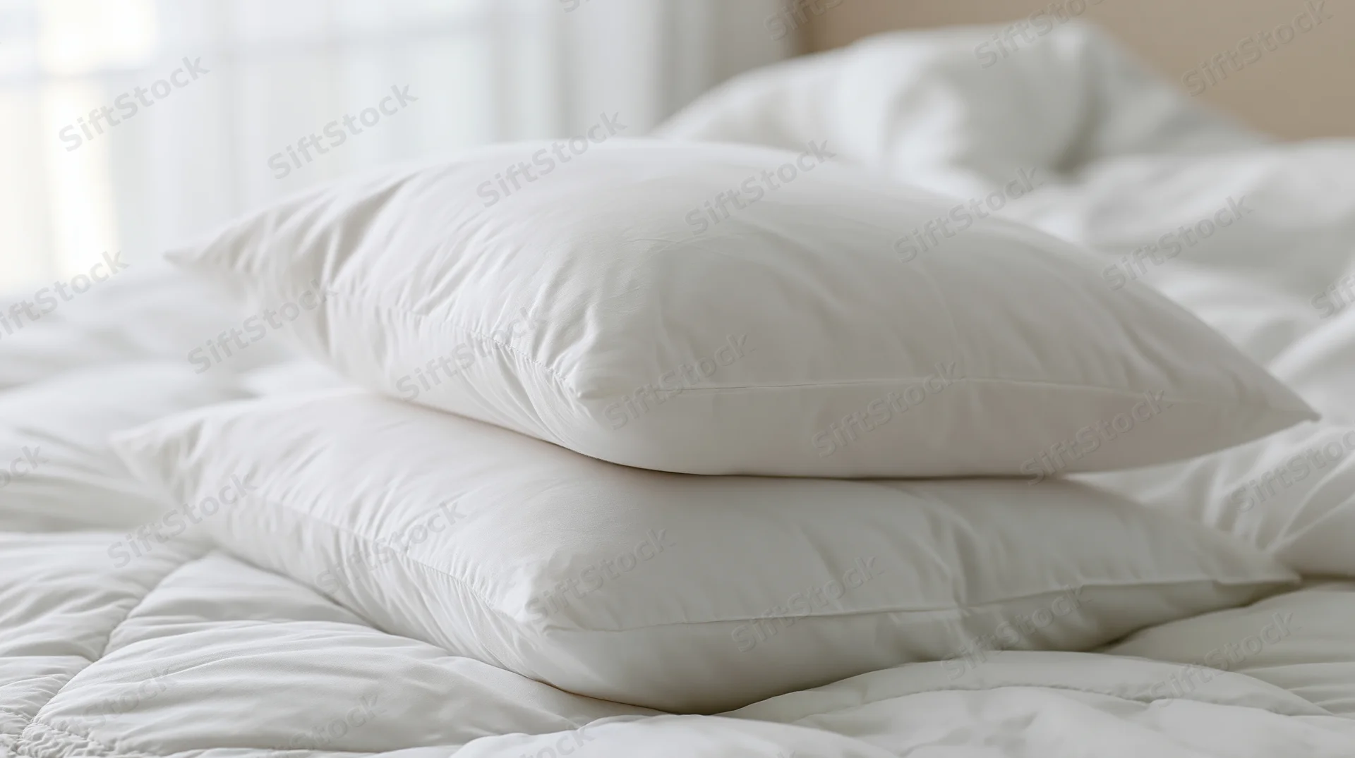 Two white pillows stacked on a bed with white bedding in a bedroom