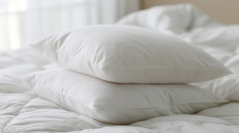Two white pillows stacked on a bed with white bedding in a bedroom
