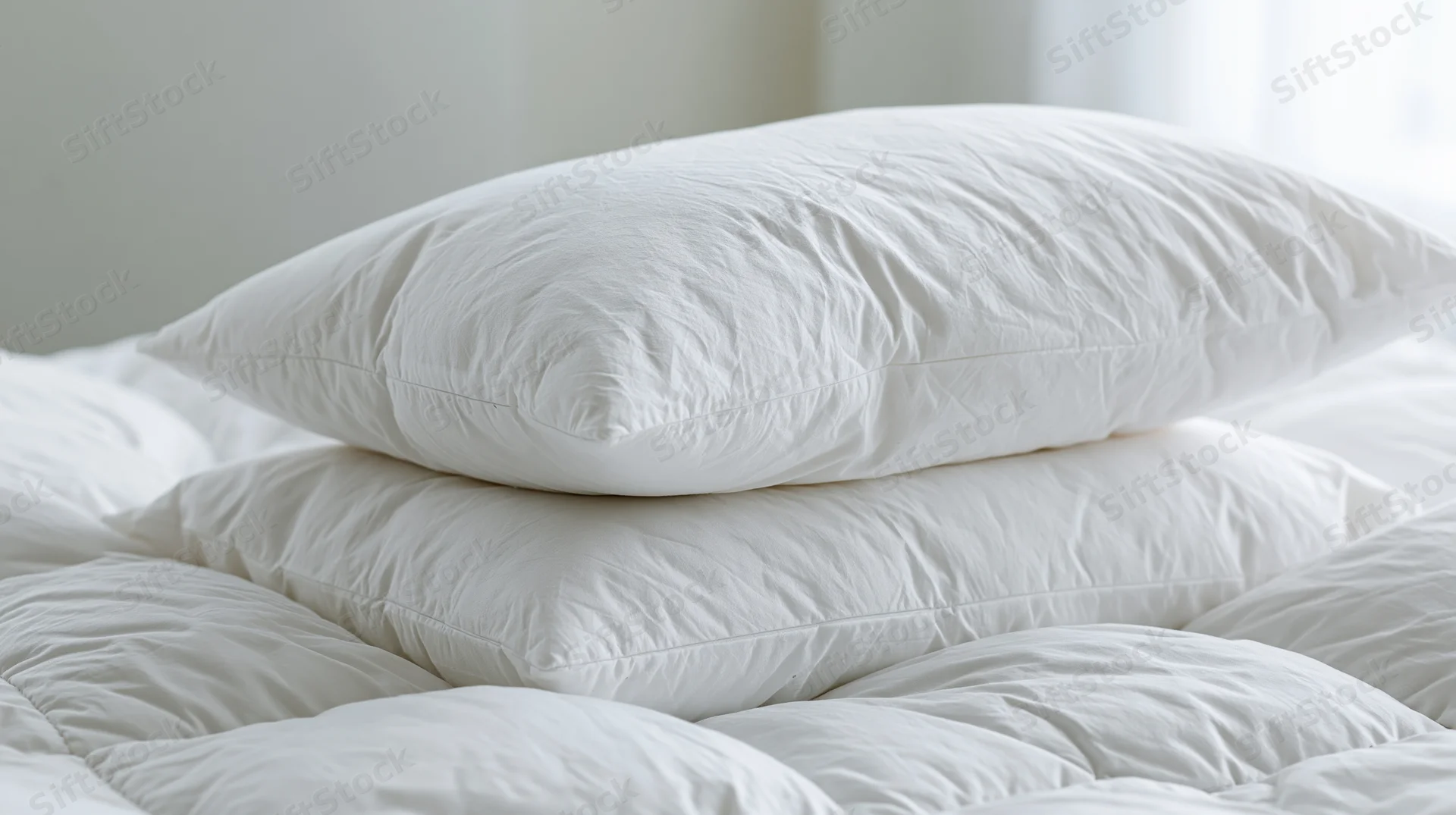 Three white pillows stacked on a bed with a quilted comforter in a bedroom