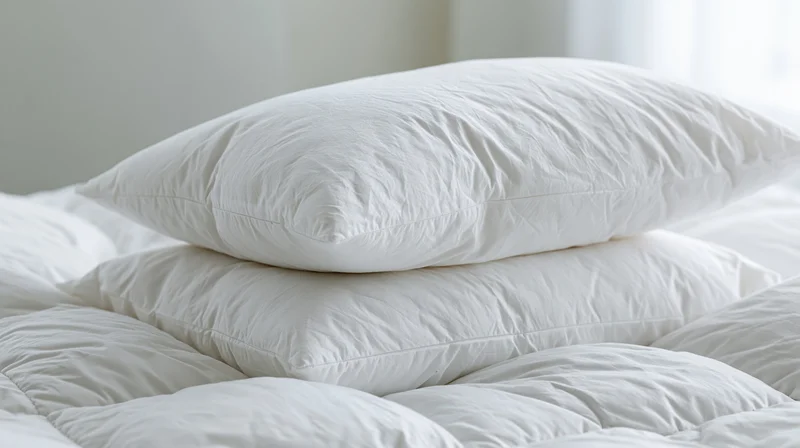 Three white pillows stacked on a bed with a quilted comforter in a bedroom