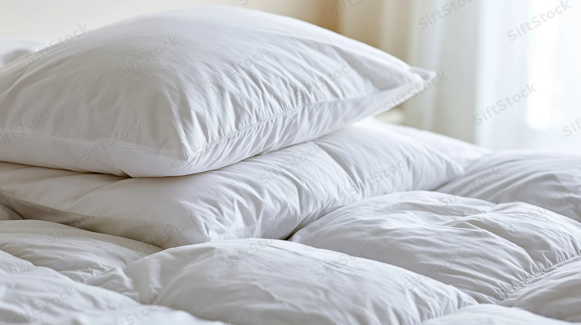 White pillows stacked on a comforter in a bedroom with soft morning light through a window