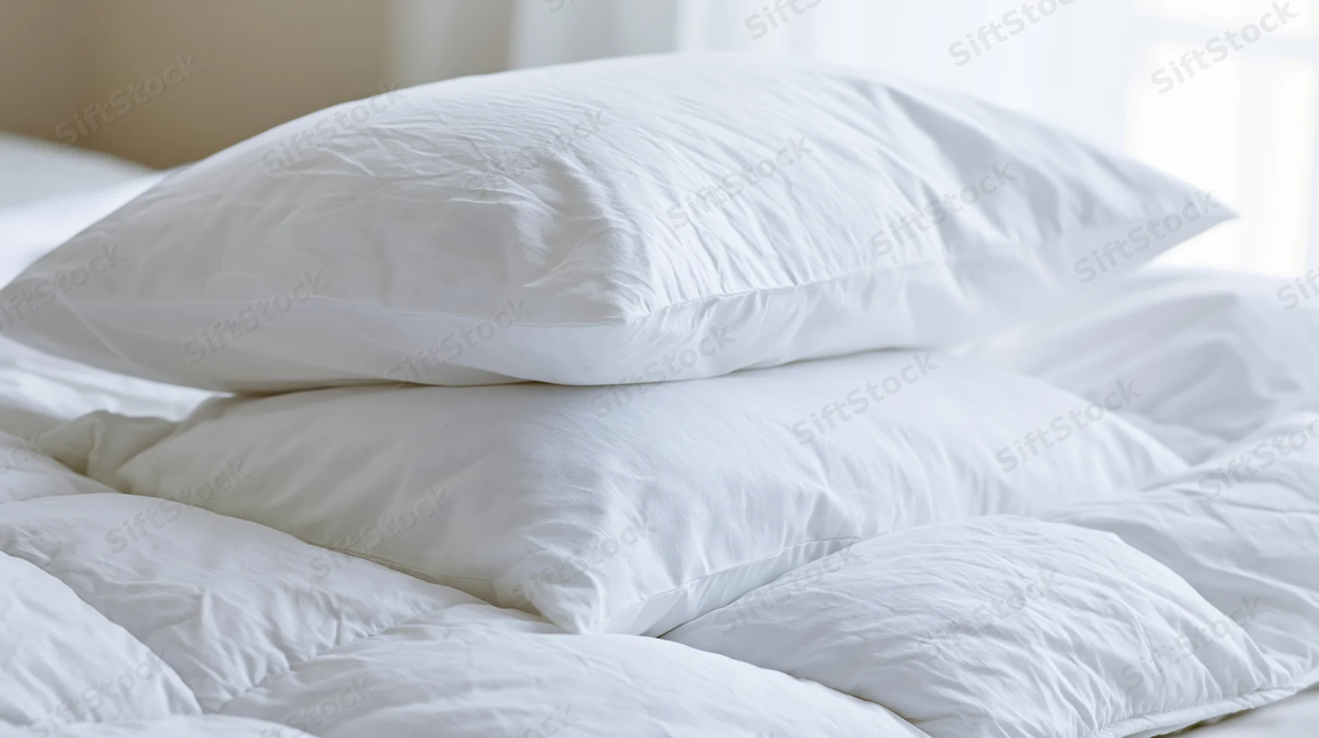Two white pillows stacked on a rumpled comforter in a bright bedroom