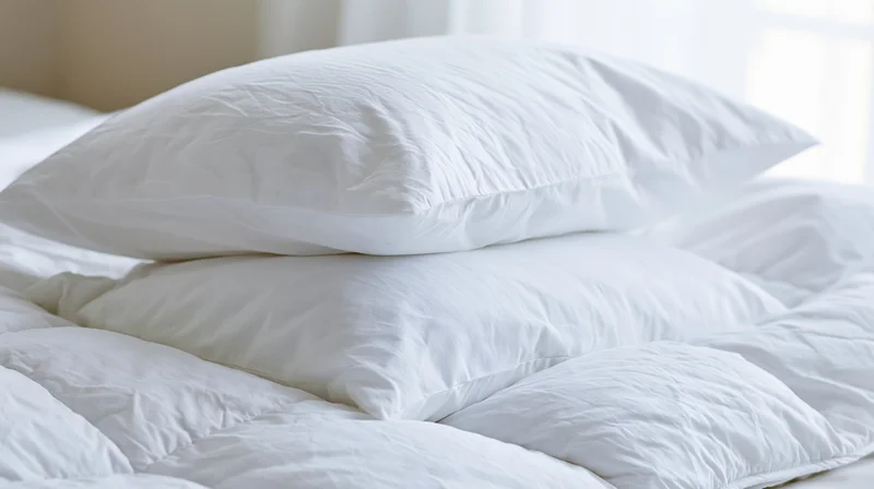 Two white pillows stacked on a rumpled comforter in a bright bedroom