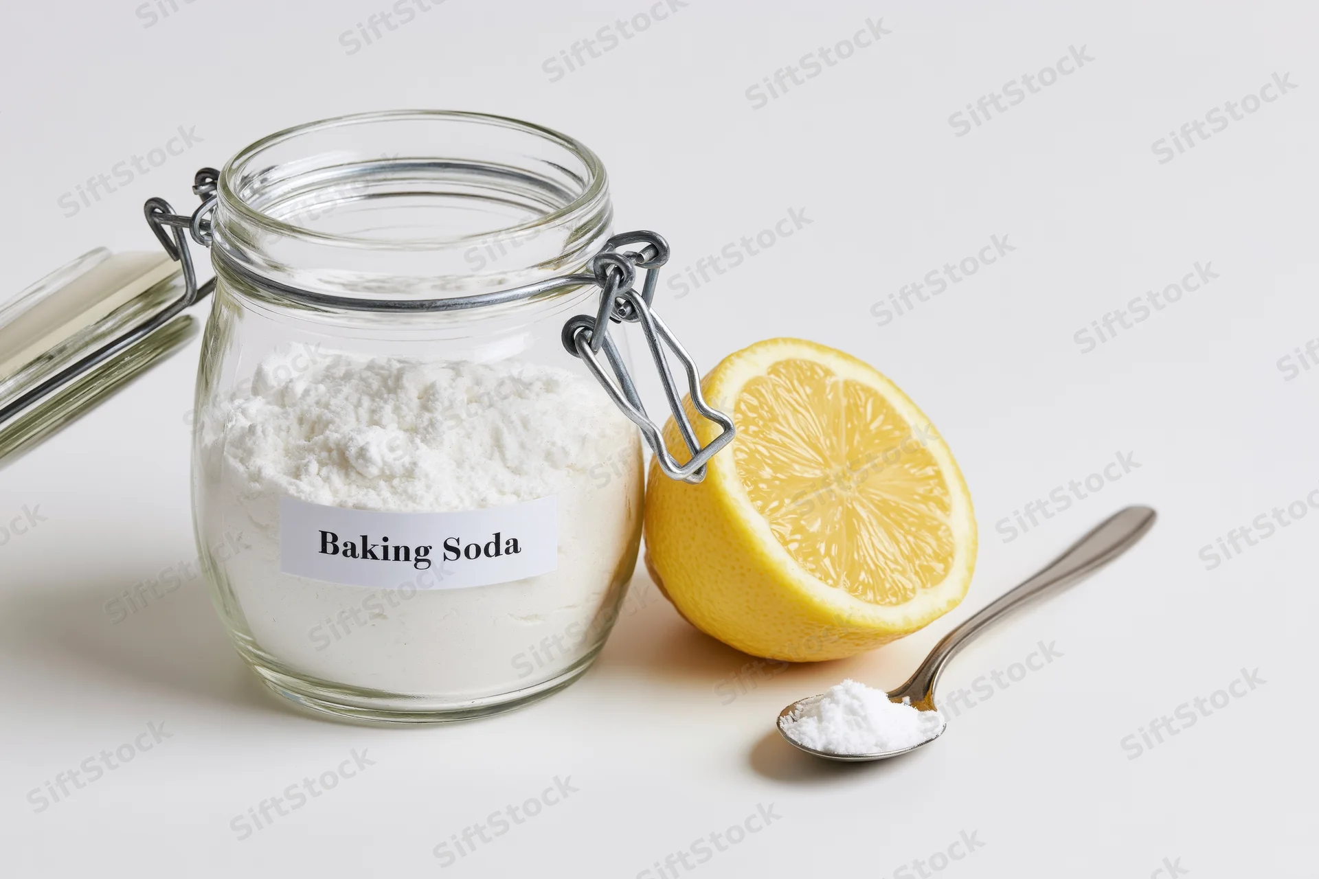Glass jar of baking soda with lemon half and spoon on white surface