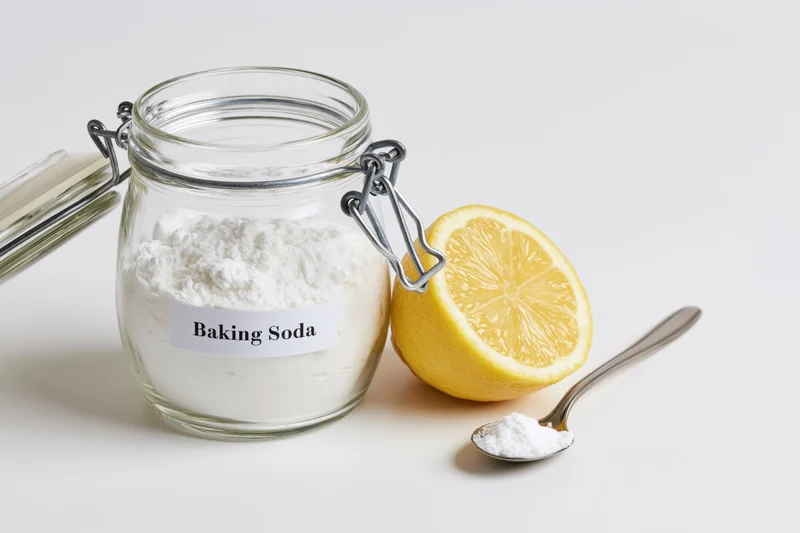 Glass jar of baking soda with lemon half and spoon on white surface