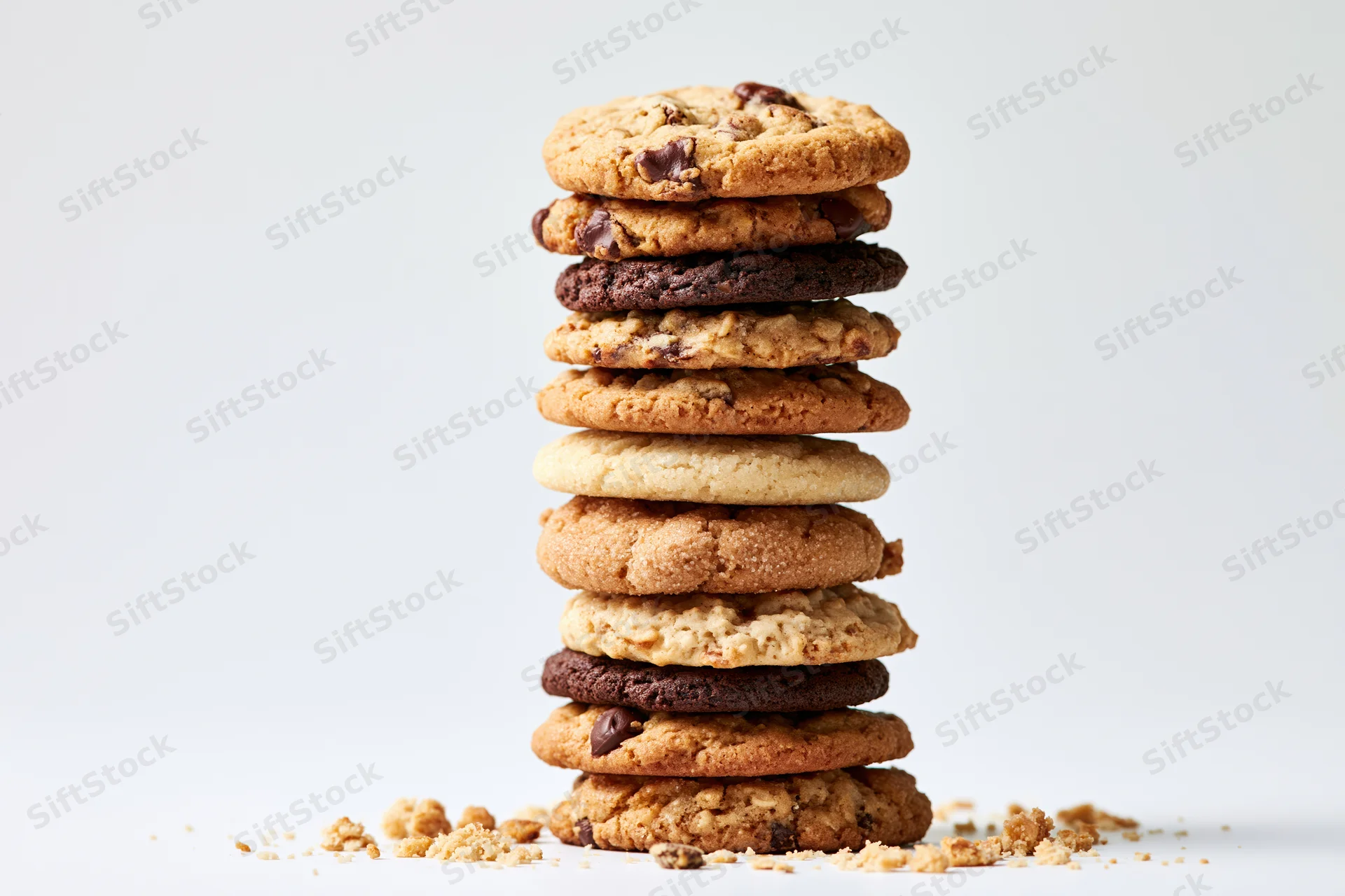 Stack of assorted cookies with crumbs on white background