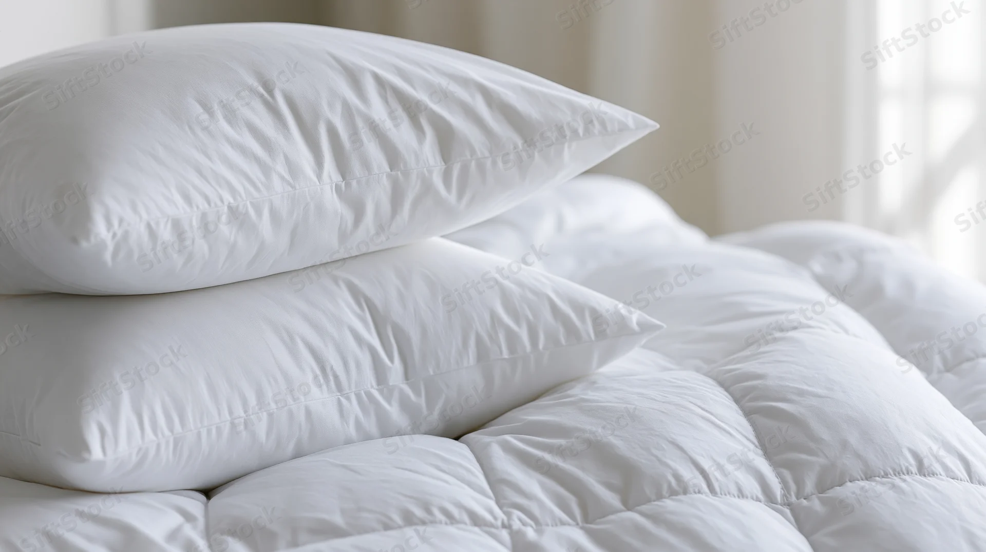 Stack of white pillows on a quilted comforter in a bedroom