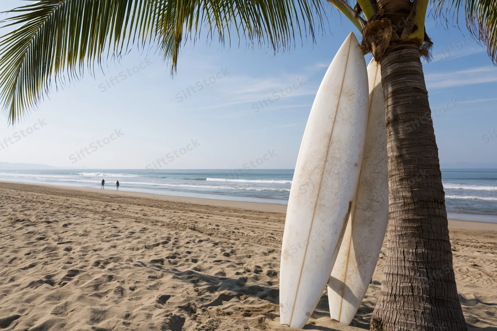 Two surfboards leaning against a palm tree on a sandy beach with ocean waves in the background