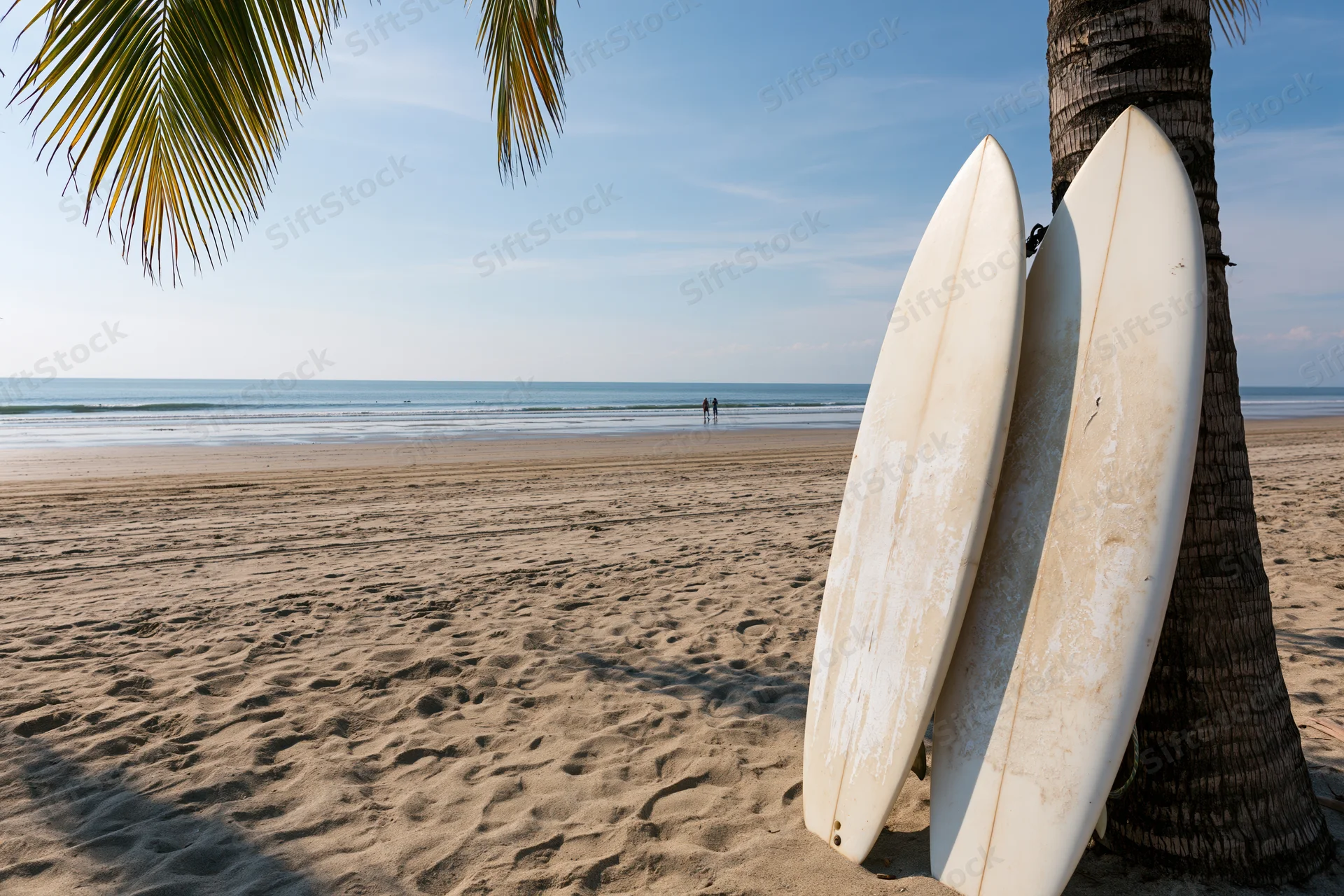 Three surfboards leaning against a palm tree on a sandy beach near the ocean