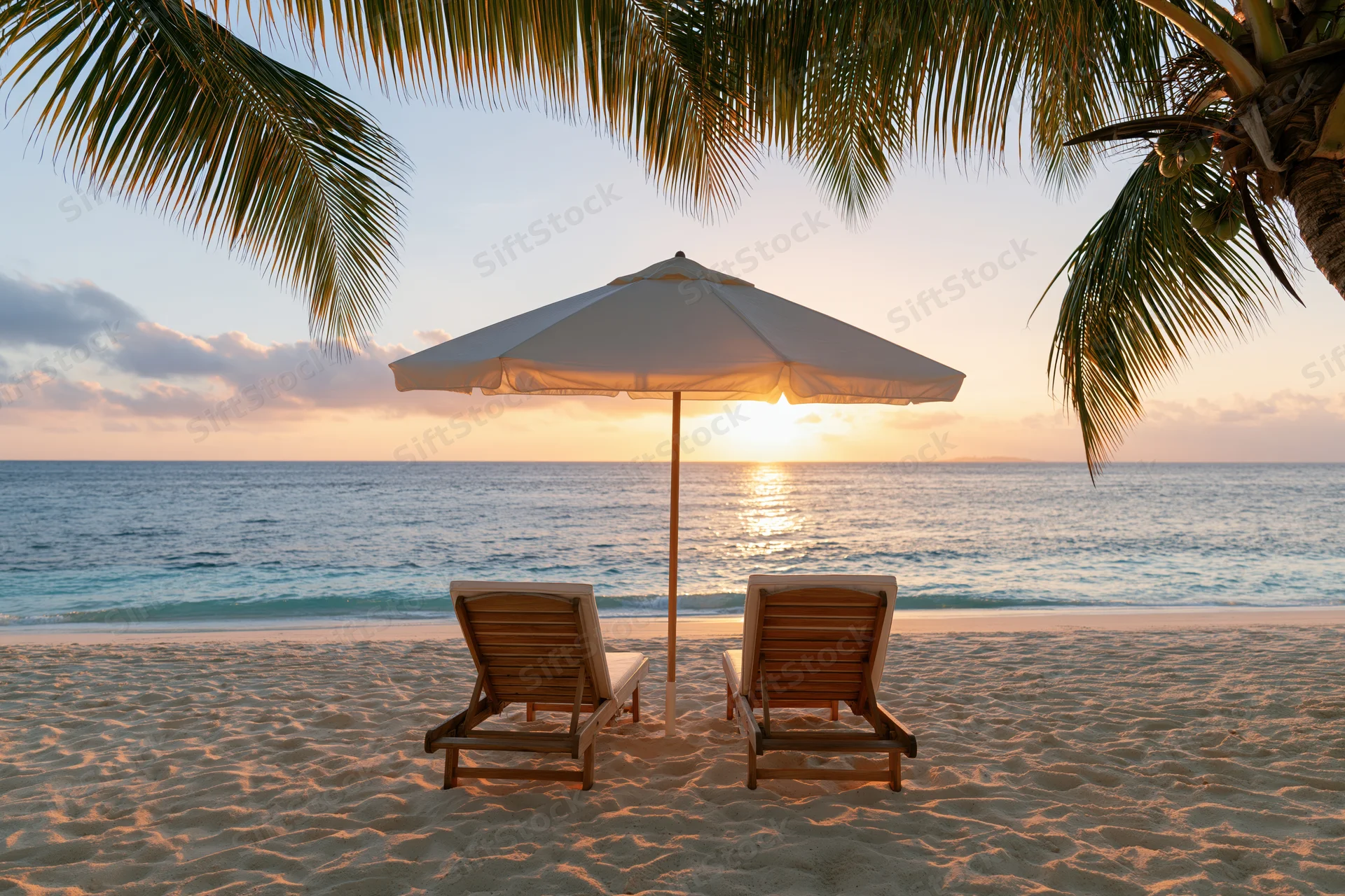 Two wooden lounge chairs under a white umbrella on a sandy beach at sunset with palm fronds overhead and ocean in the background