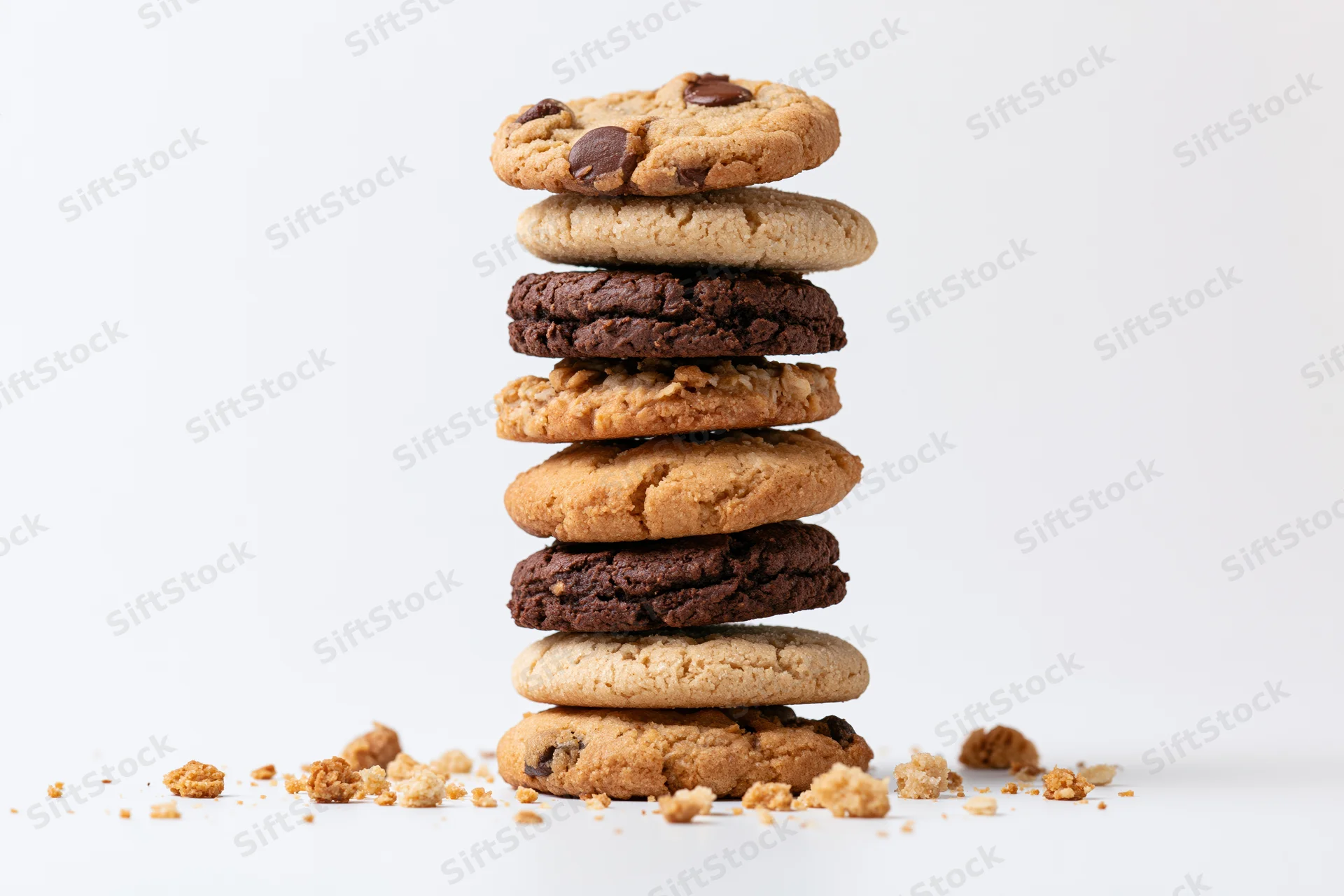 Stack of assorted cookies with crumbs on white background