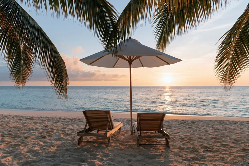 Two wooden lounge chairs under a white umbrella on a sandy beach at sunset with palm fronds overhead and ocean in the background