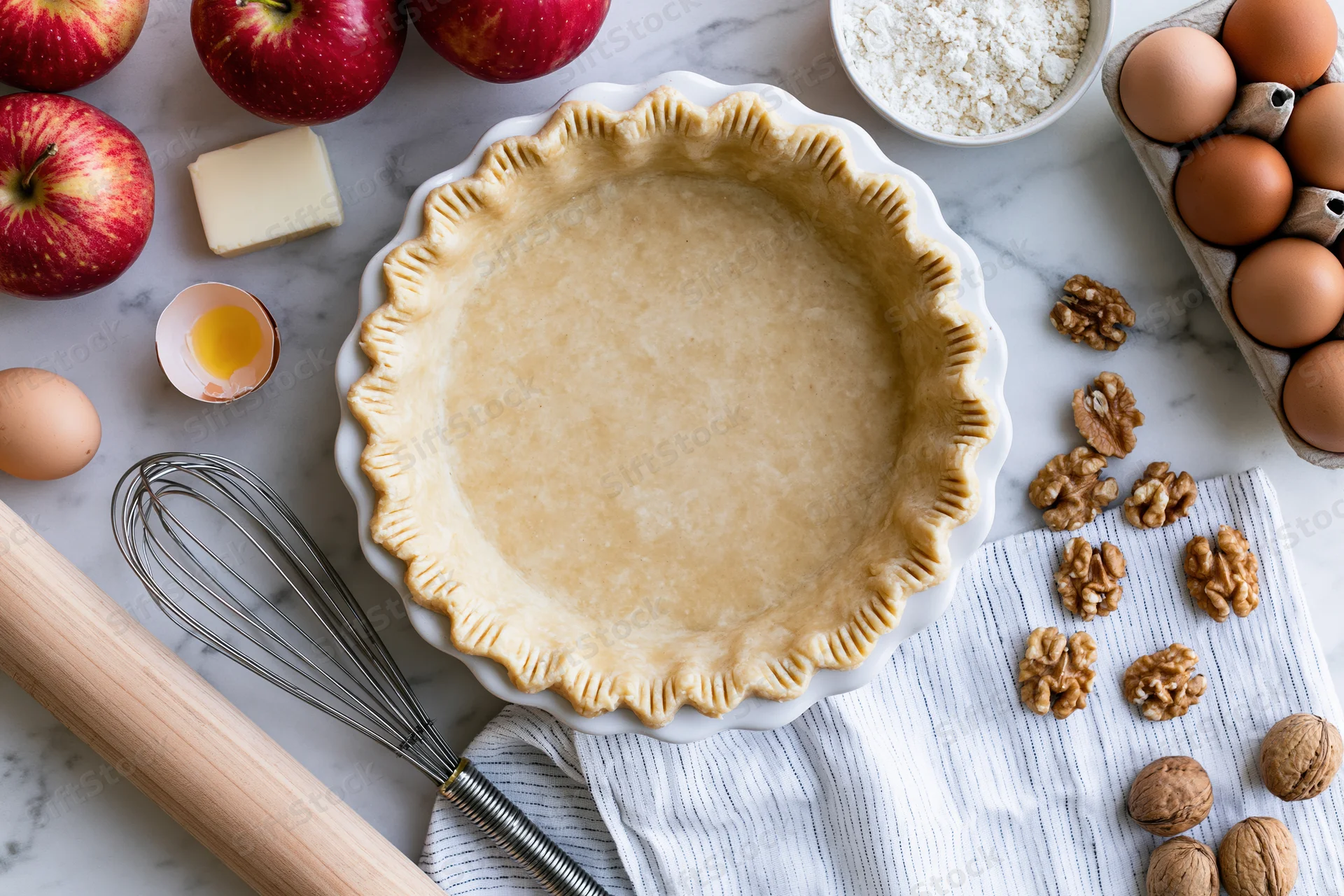 Unbaked pie crust in a white fluted dish surrounded by apples, eggs, flour, butter, walnuts, whisk and rolling pin on a marble countertop