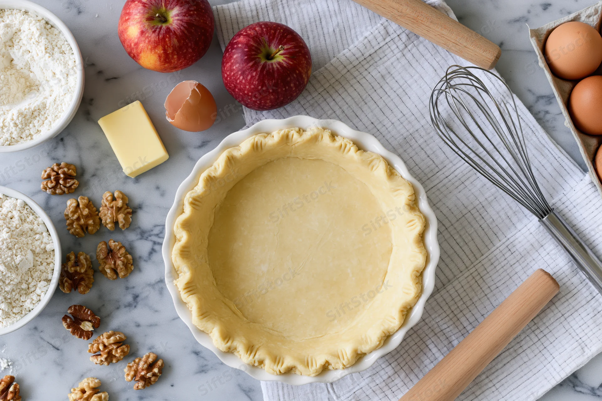 Unbaked apple pie crust in a white dish surrounded by ingredients and tools on a marble countertop