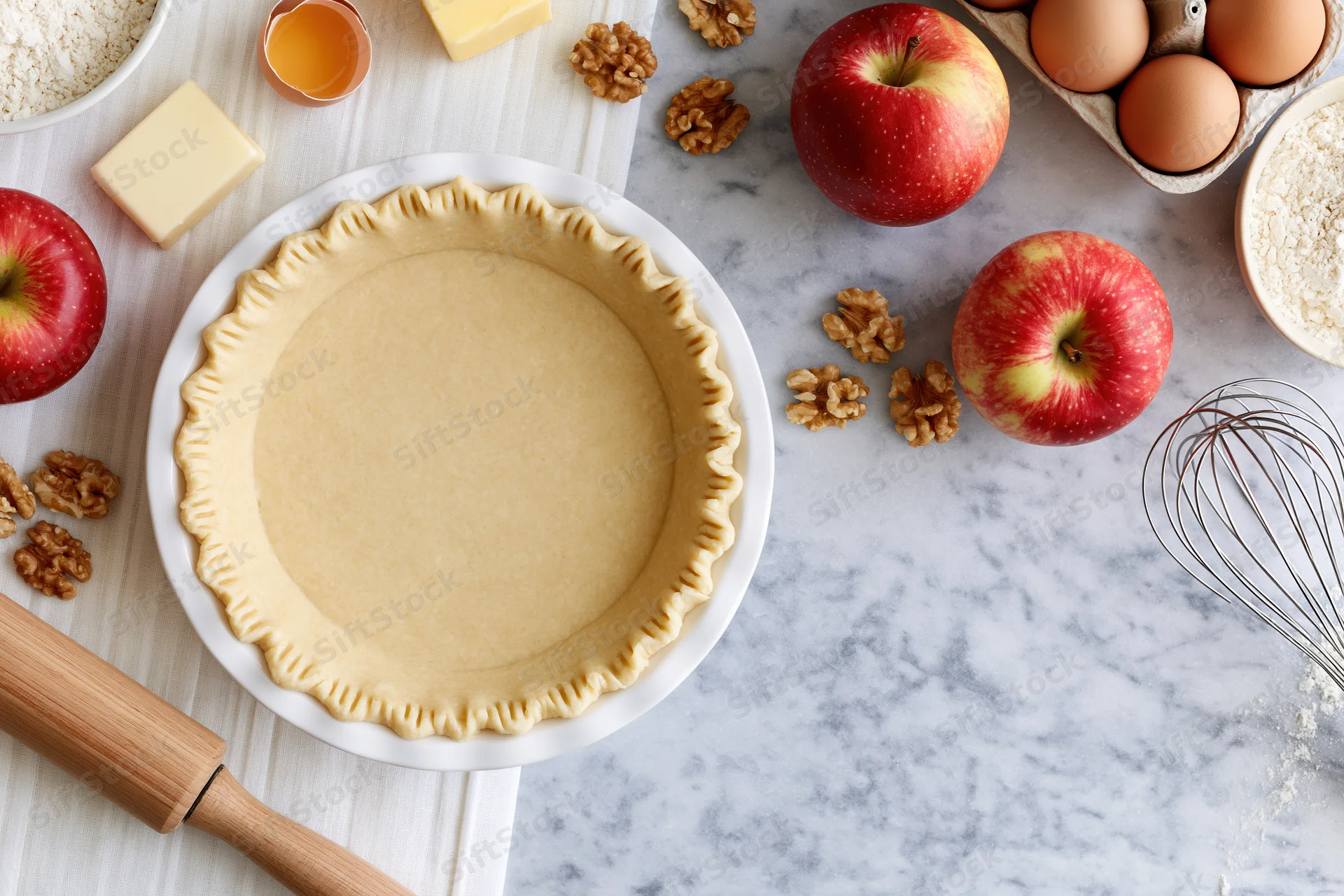 Unbaked apple pie crust in a white dish surrounded by ingredients on a marble countertop