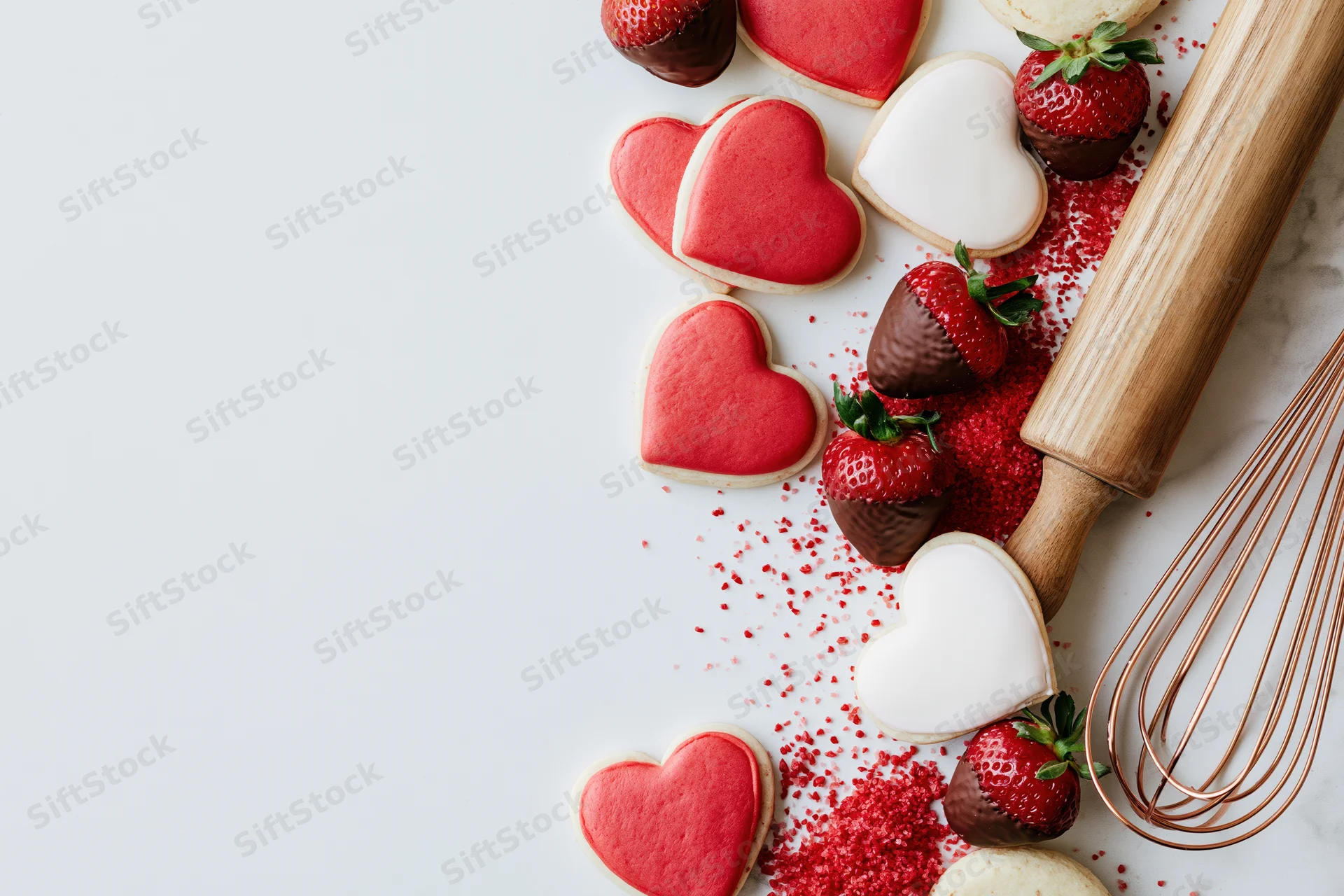 Heart-shaped cookies and chocolate-covered strawberries arranged with baking tools on a marble countertop