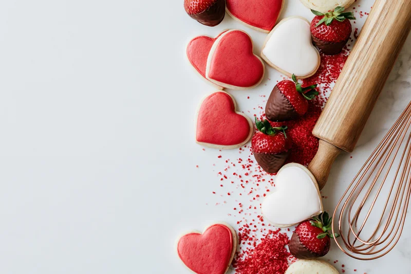 Heart-shaped cookies and chocolate-covered strawberries arranged with baking tools on a marble countertop