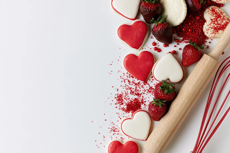 Heart-shaped cookies and strawberries with baking tools arranged on white surface