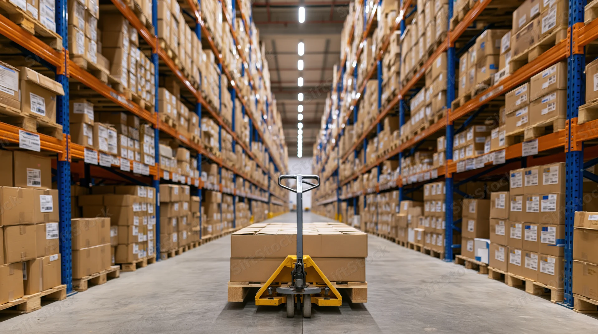 Pallet jack loaded with boxes in a warehouse aisle between tall shelves