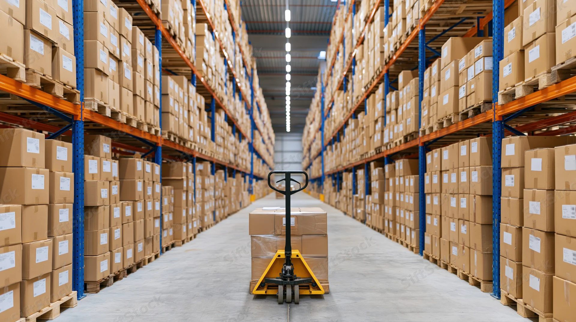 Pallet jack carrying stacked boxes in a warehouse aisle between tall shelving units