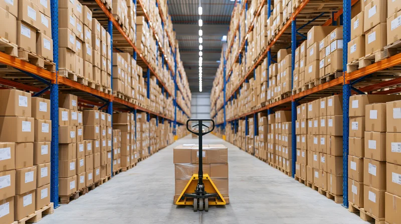 Pallet jack carrying stacked boxes in a warehouse aisle between tall shelving units