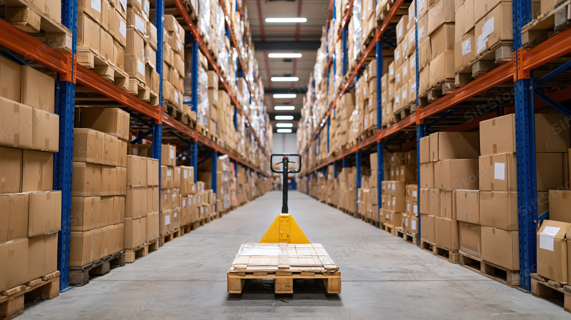 Yellow pallet jack on wooden pallet in long aisle of warehouse with stacked boxes on metal racks