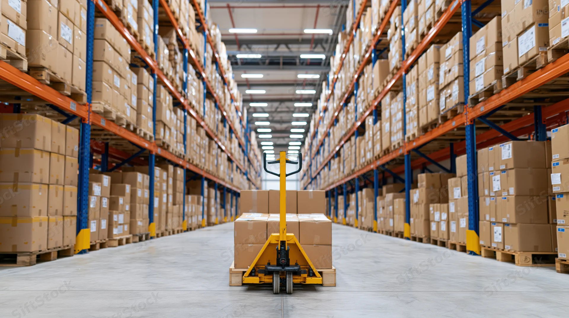 Yellow pallet jack carrying stacked boxes down a long aisle in a warehouse with tall metal shelving on both sides