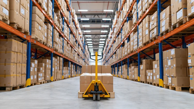 Yellow pallet jack carrying stacked boxes down a long aisle in a warehouse with tall metal shelving on both sides