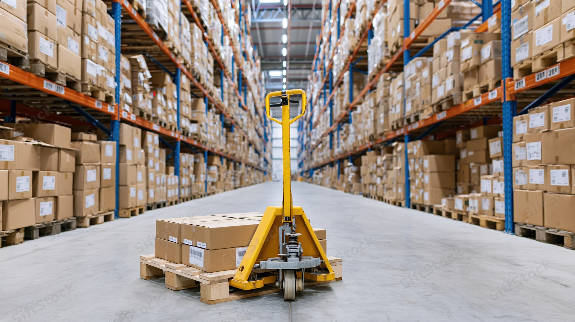 Yellow pallet jack moving stacked cardboard boxes along an aisle in a large warehouse with tall metal racking on both sides