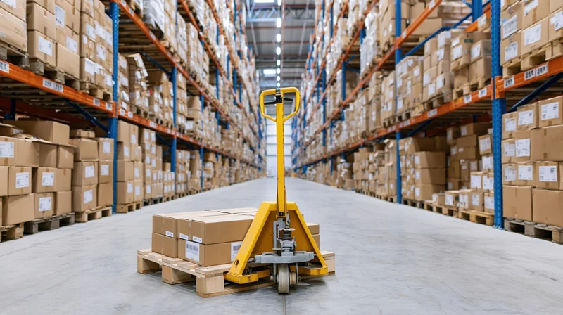 Yellow pallet jack moving stacked cardboard boxes along an aisle in a large warehouse with tall metal racking on both sides