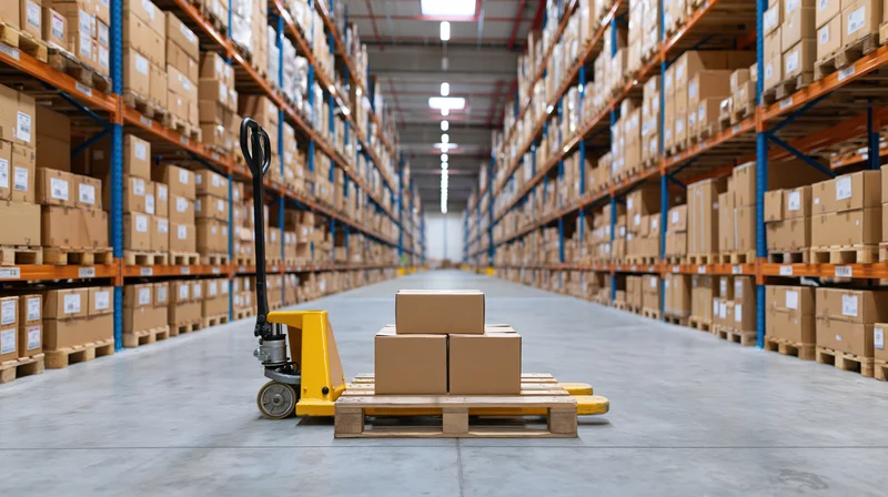 Yellow pallet jack carrying stacked cardboard boxes in a long warehouse aisle lined with tall shelves of packages