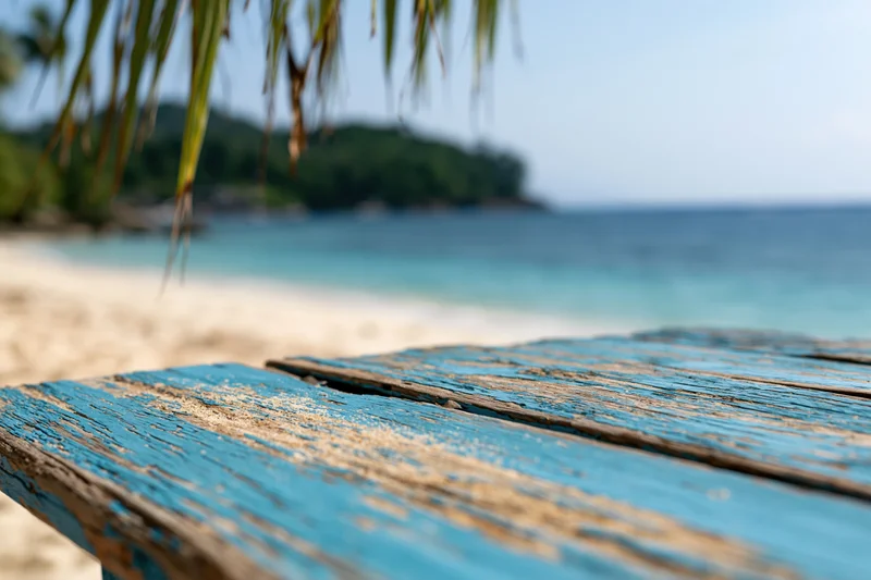 Weathered blue wooden table on sandy beach with ocean and palm fronds in background