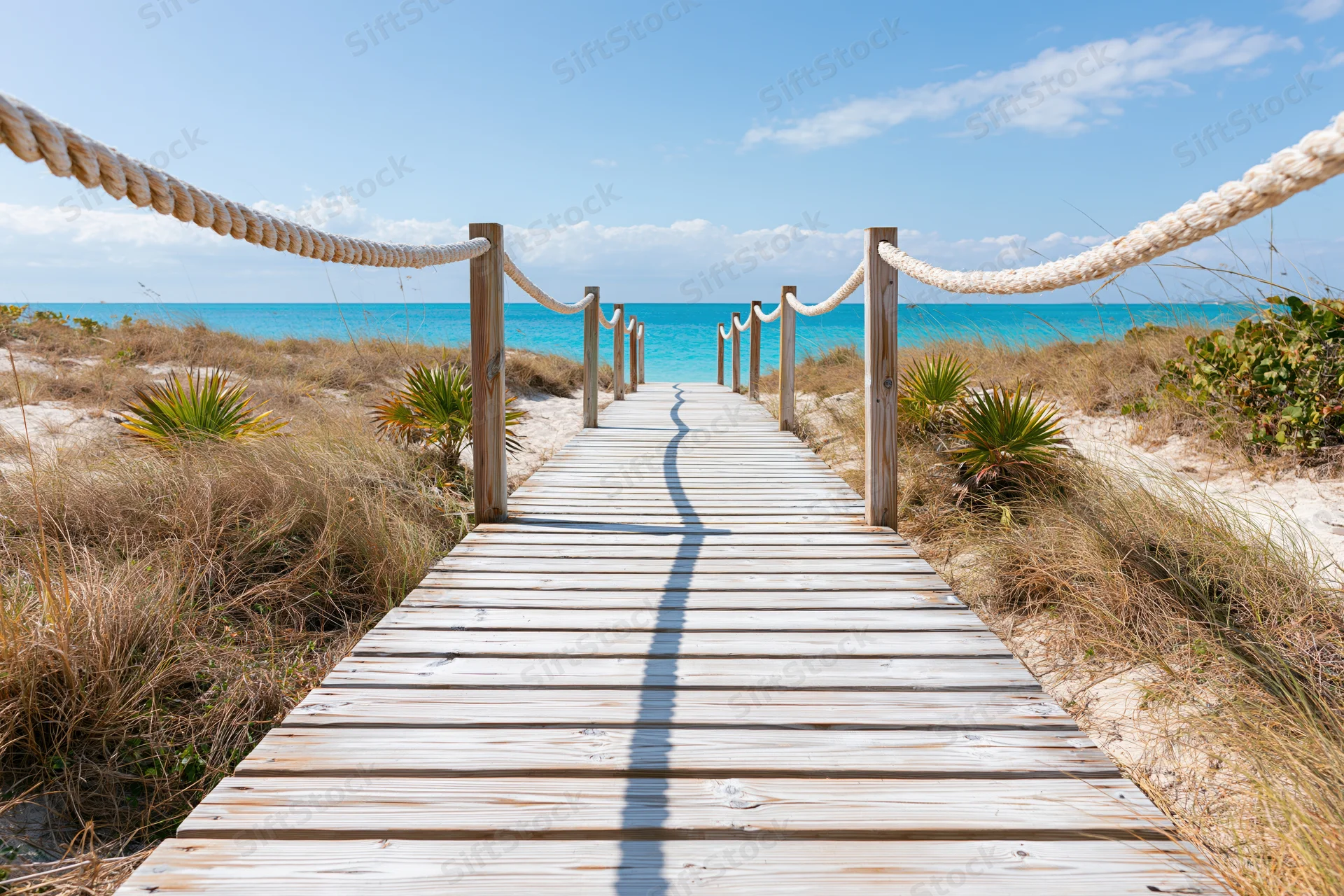 Wooden boardwalk leading to turquoise ocean through sandy dunes under clear blue sky