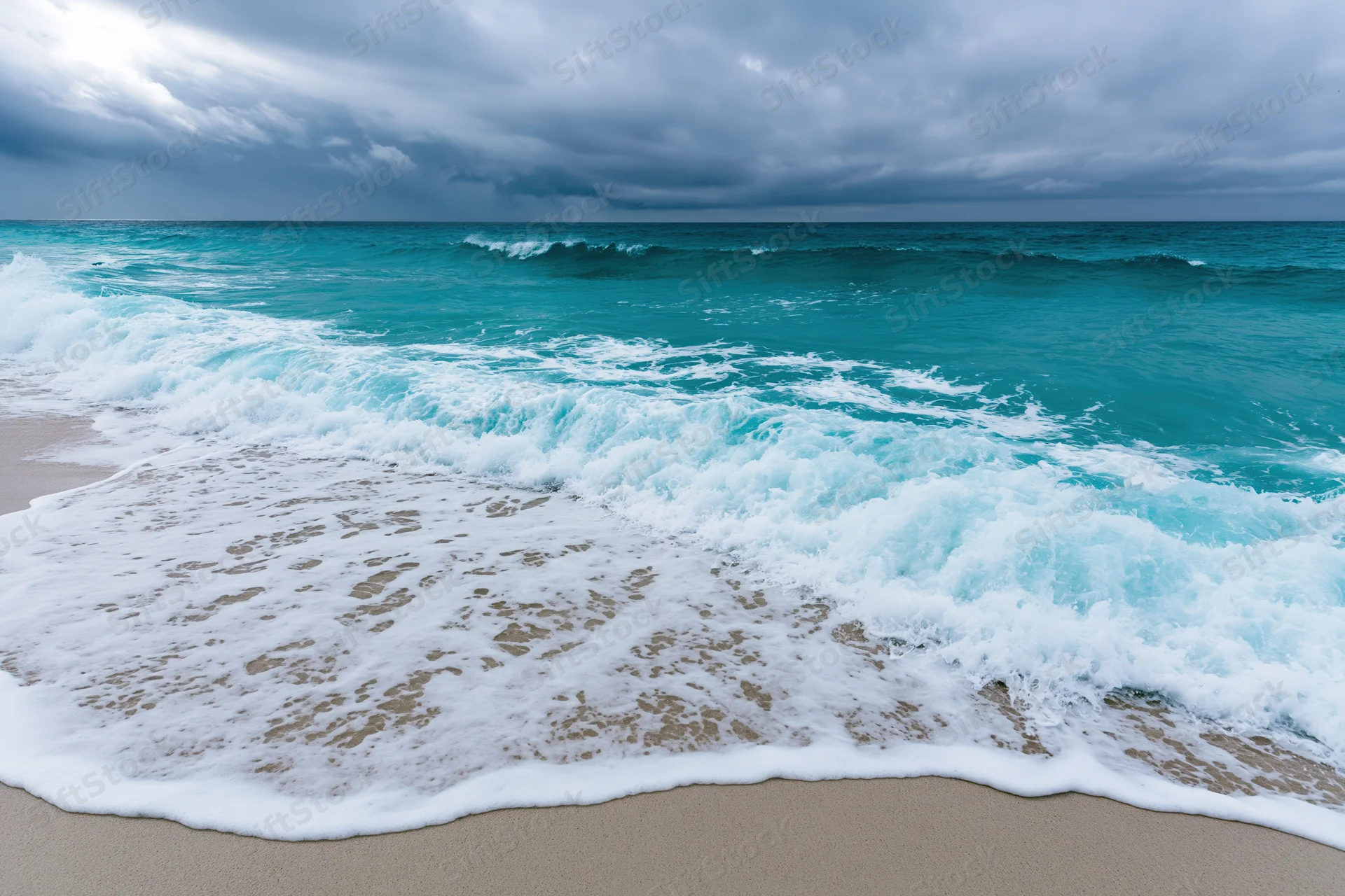 Turquoise ocean waves breaking on sandy beach under cloudy sky