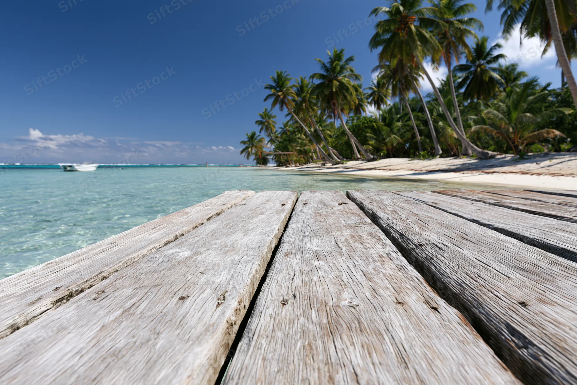 Weathered wooden dock leading to a tropical beach with palm trees and turquoise ocean under a clear blue sky
