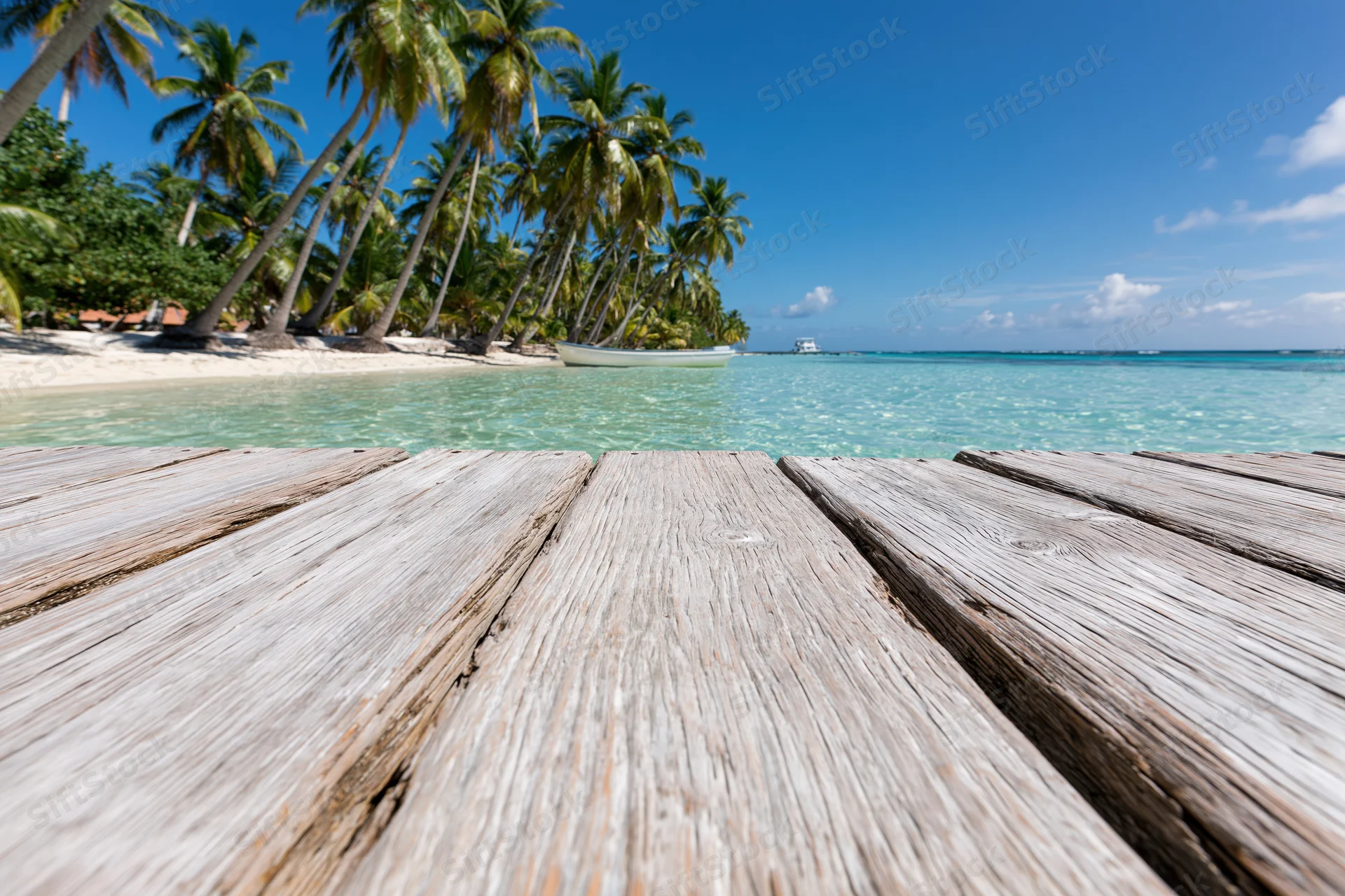 Wooden dock leading to a tropical beach with palm trees and turquoise ocean under a clear blue sky