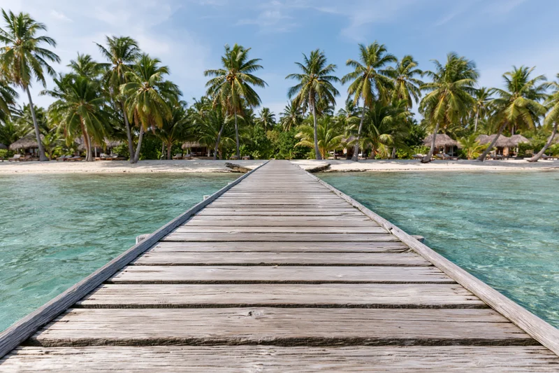 Wooden dock extending over turquoise water toward palm-fringed beach with thatched huts