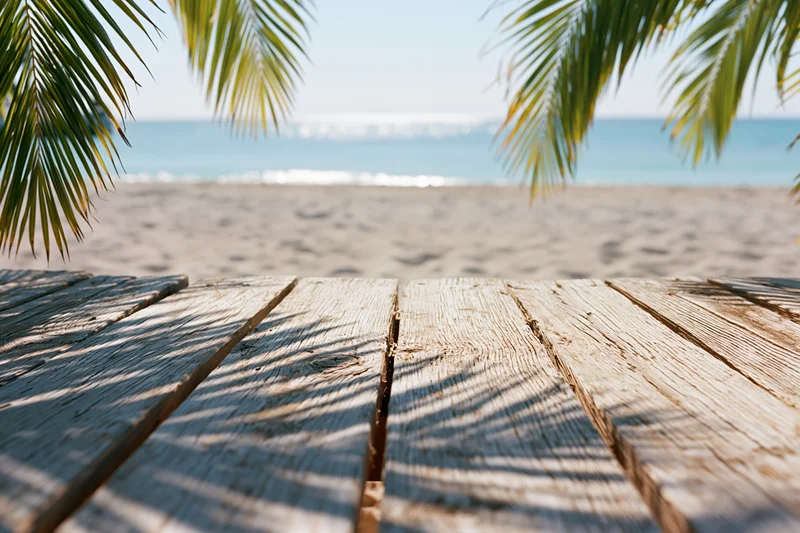 Wooden deck on a sandy beach under palm fronds with ocean in background