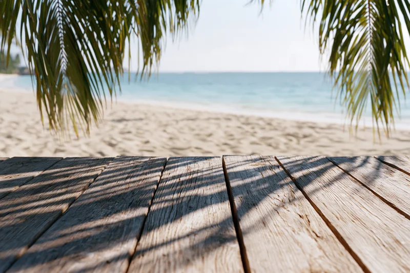 Wooden deck with palm fronds framing a sandy beach and ocean view