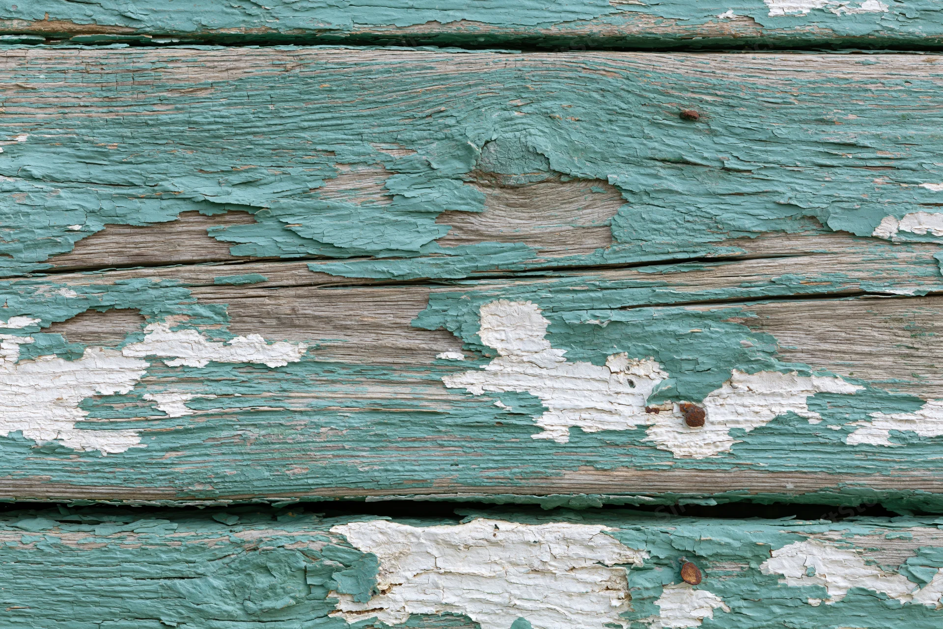 Weathered wooden planks with peeling teal and white paint showing natural grain and cracks