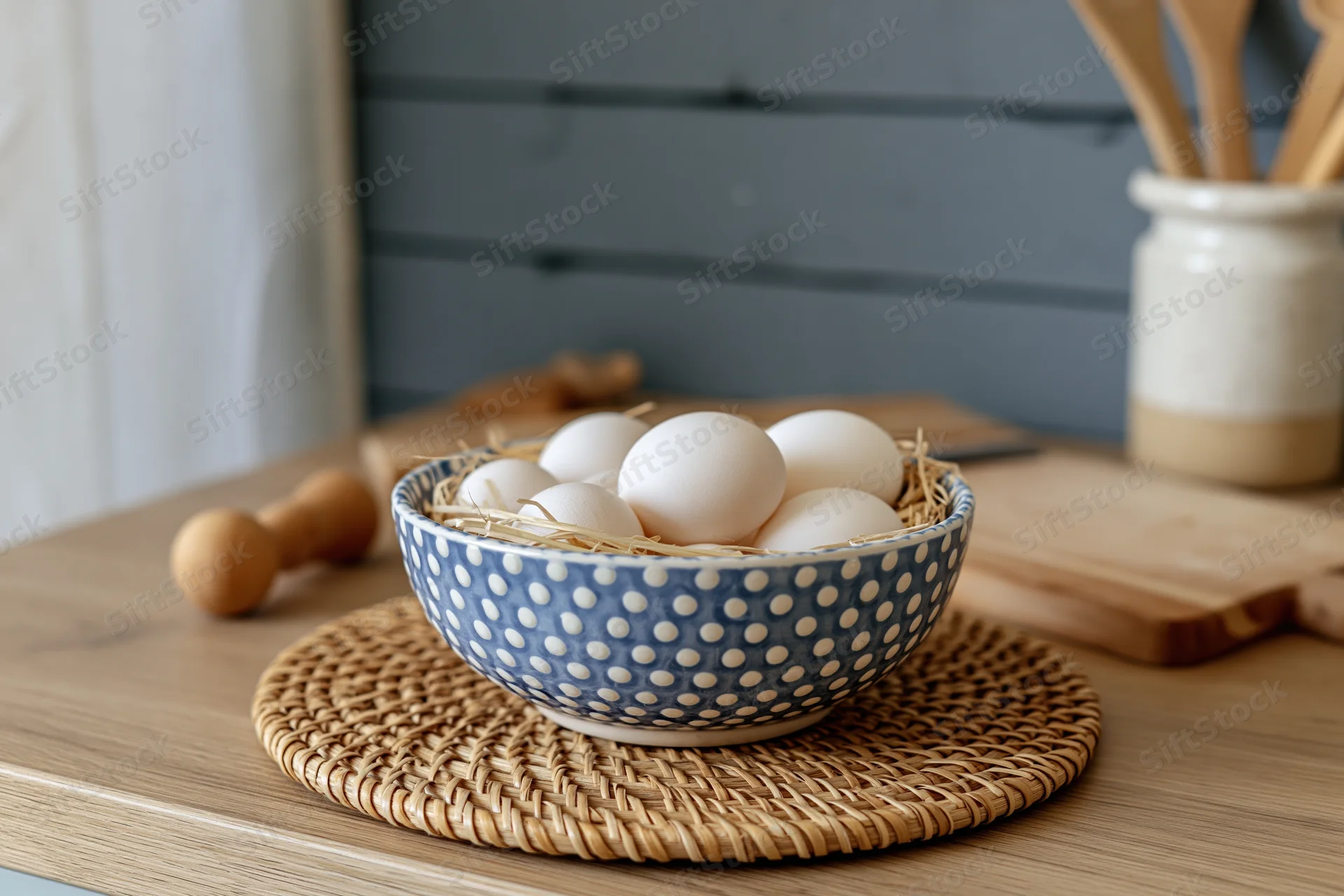 White eggs in a blue polka dot bowl on a woven placemat on a wooden kitchen table
