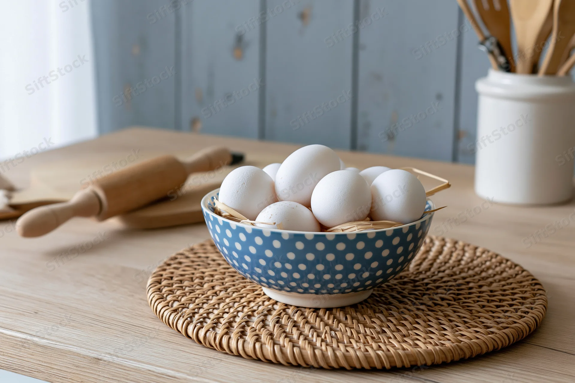 White eggs in a blue polka dot bowl on a woven placemat on a wooden kitchen table with baking tools nearby