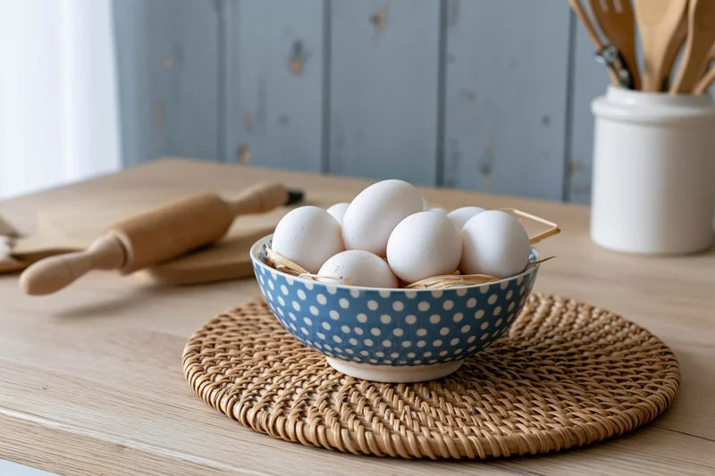 White eggs in a blue polka dot bowl on a woven placemat on a wooden kitchen table with baking tools nearby