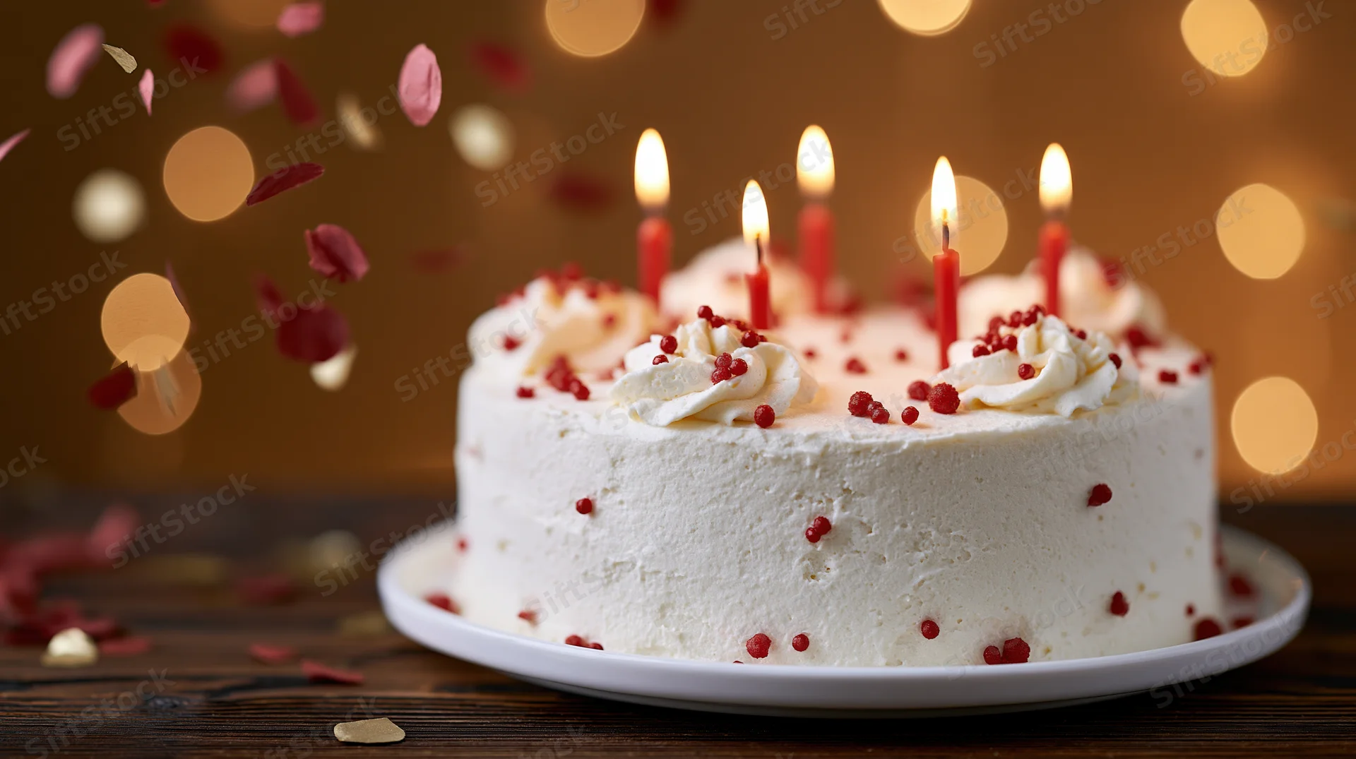 White frosted birthday cake with lit red candles and falling rose petals on wooden table