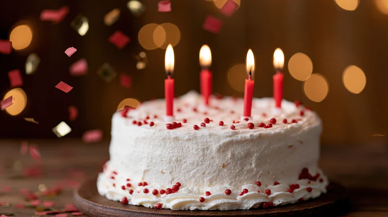 White frosted cake with red candles and falling confetti on wooden surface