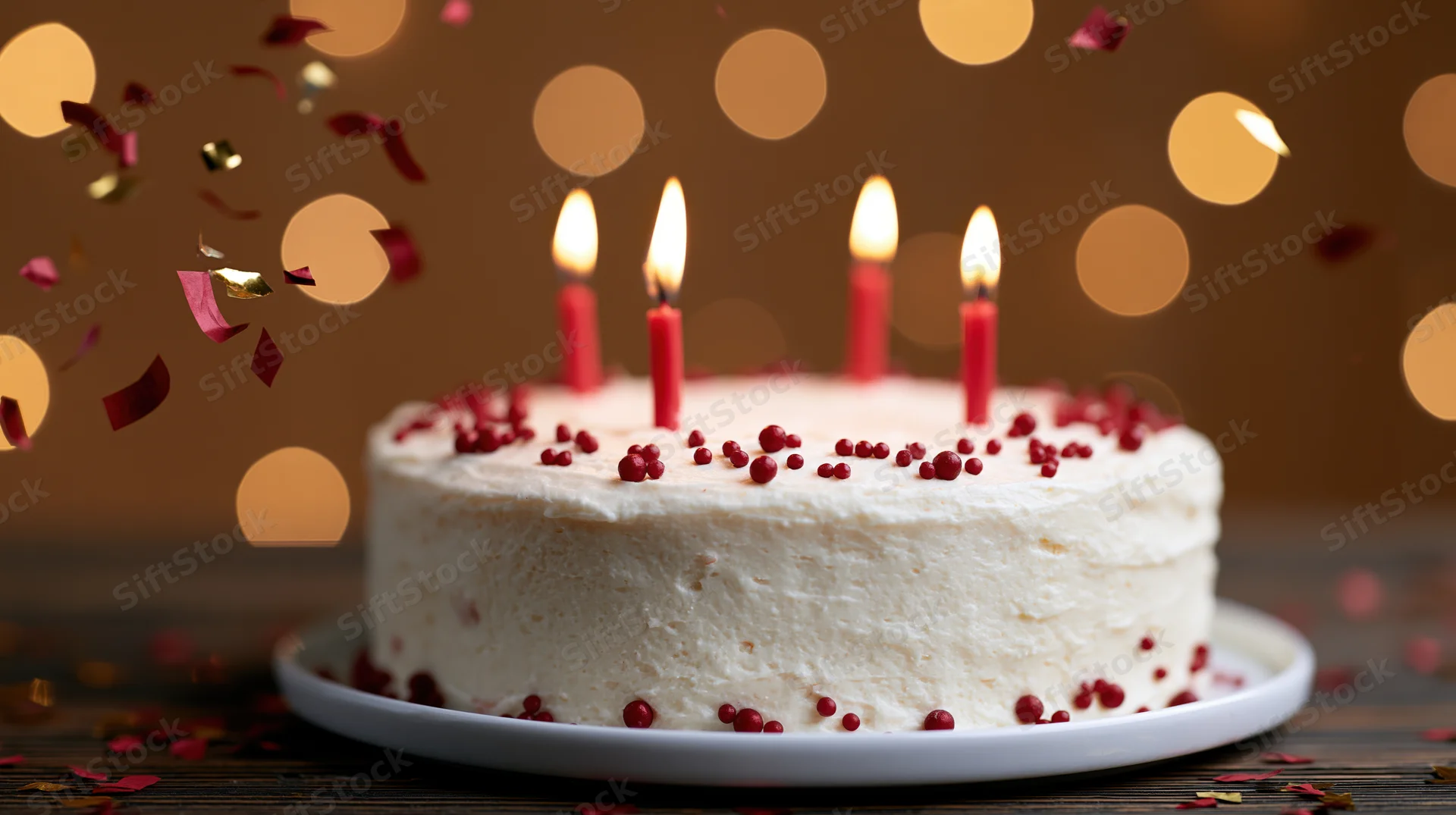 Birthday cake with lit red candles and falling confetti on a wooden table