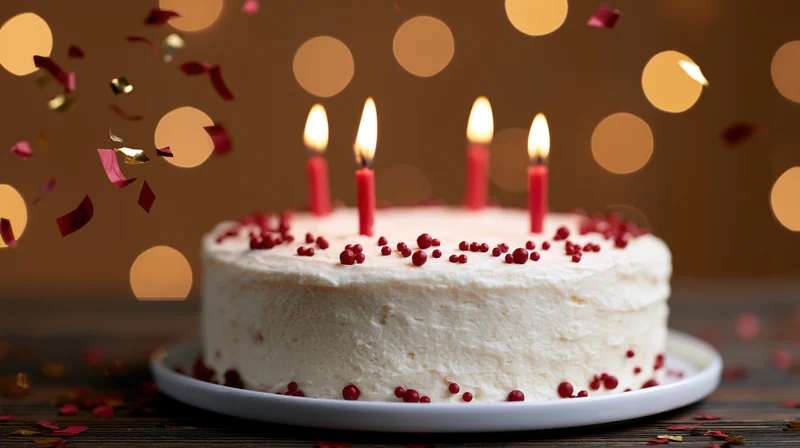 Birthday cake with lit red candles and falling confetti on a wooden table