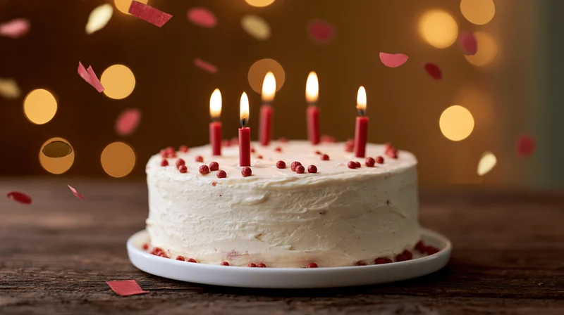 Birthday cake with lit red candles and falling confetti on wooden table